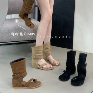 Maillard Open Toe Clip Sandals Women's 2024 Summer New Wedge Heel Height Increased All-match Retro Roman Sandals for Women