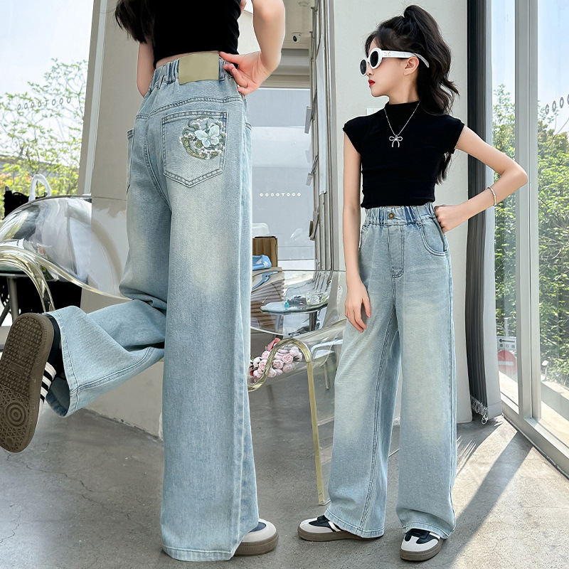 Girl's Big Boy Jeans Spring and Autumn 2025 New Korean Style Western Style Casual Wide Leg Pants Girl's Spring Loose Pants