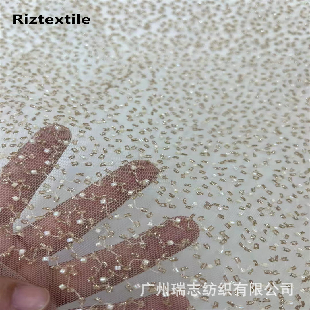 New Arc Sprinkling Gold Film and Beaded Tube Embroidered Mesh Fabric Lace Ribbed Bottom French Wedding Dress Veil Fashion Dress Fabric