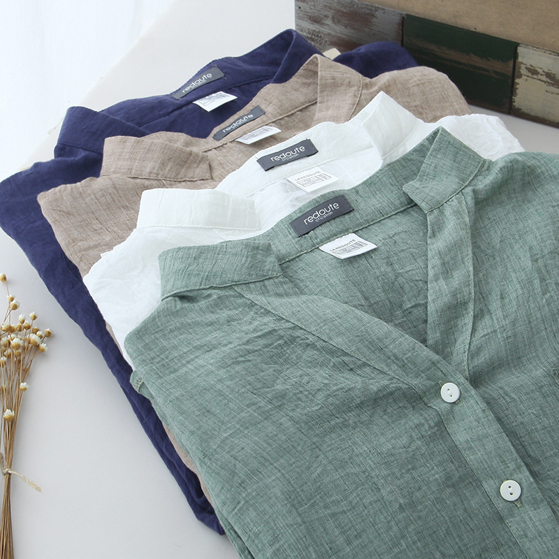 2023 Summer New Sunscreen Clothing Japanese Style Fresh Loose Cotton and Linen Seven-Sleeve Collar Shirt Women's Linen Shirt