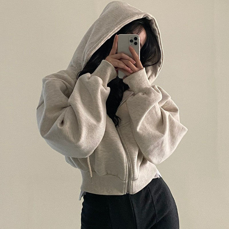 Picture of 2024 Spring and Autumn New Ins fleece-lined All-match Fashion Short Slim-fit Zipper Warm Navy Blue Hooded Women's Sweatshirt