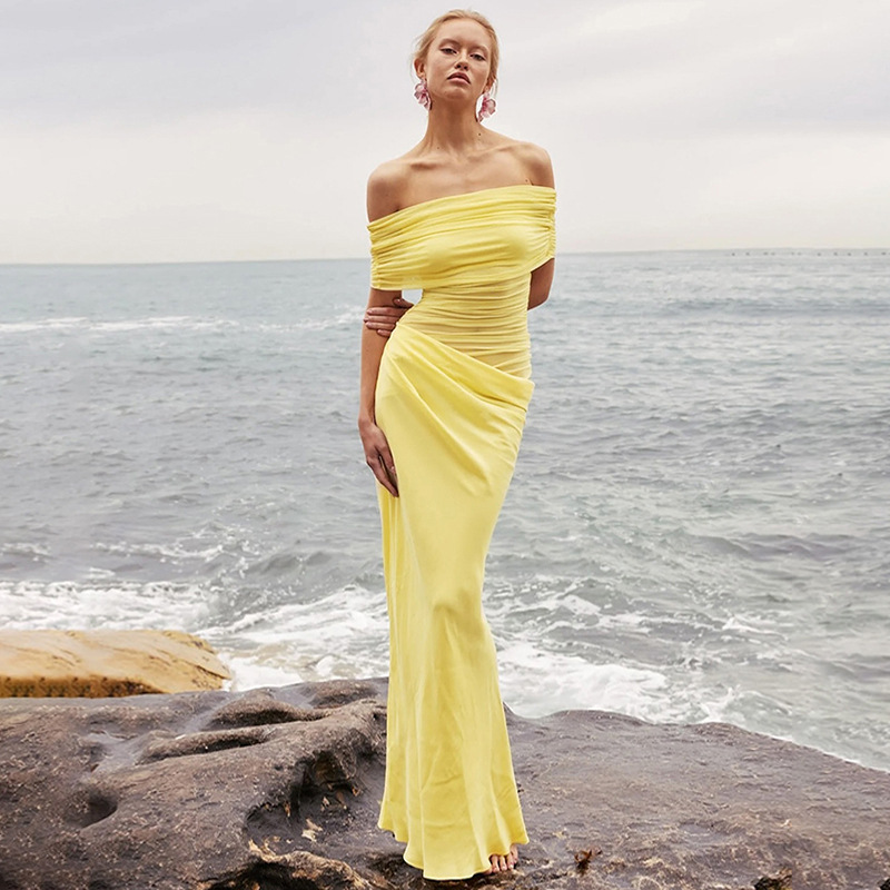 Europe and the United States cross-border new temperament pure want to fold off the shoulder fold hollow perspective high waist hip dress women