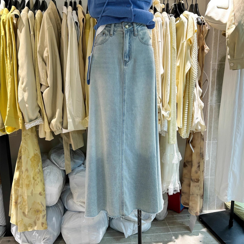 Korean American Retro High-Waist Slim Hip-Hugging Long Skirt for Women Spring New Blue Raw Edge A-Line Denim Skirt