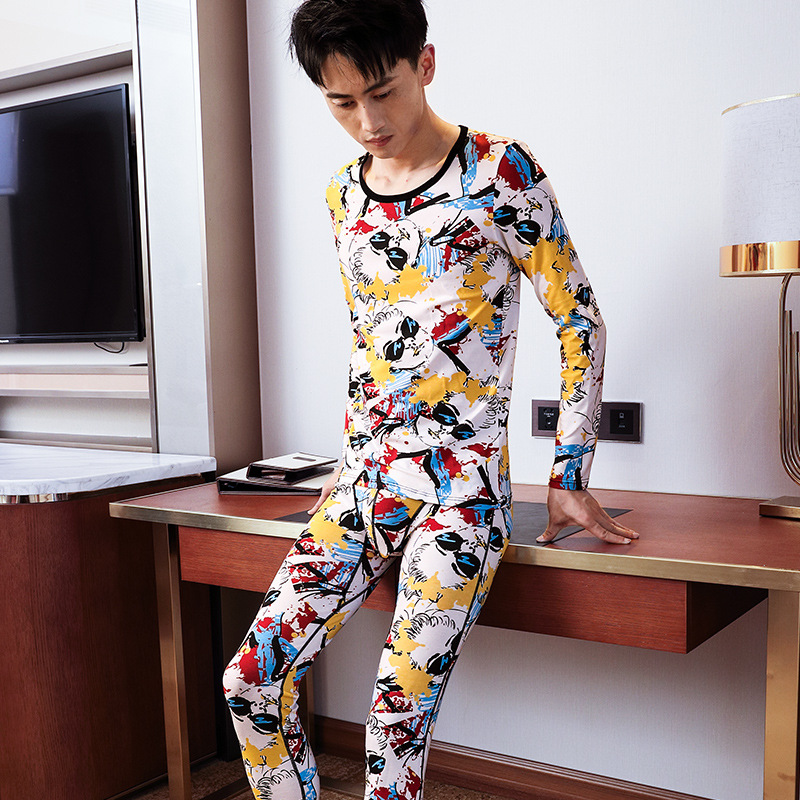 Picture of Men's Thermal Underwear suit Thin Cotton Autumn Clothes Autumn Trousers Young Personality Sports Round Neck Base Shirt Autumn and Winter