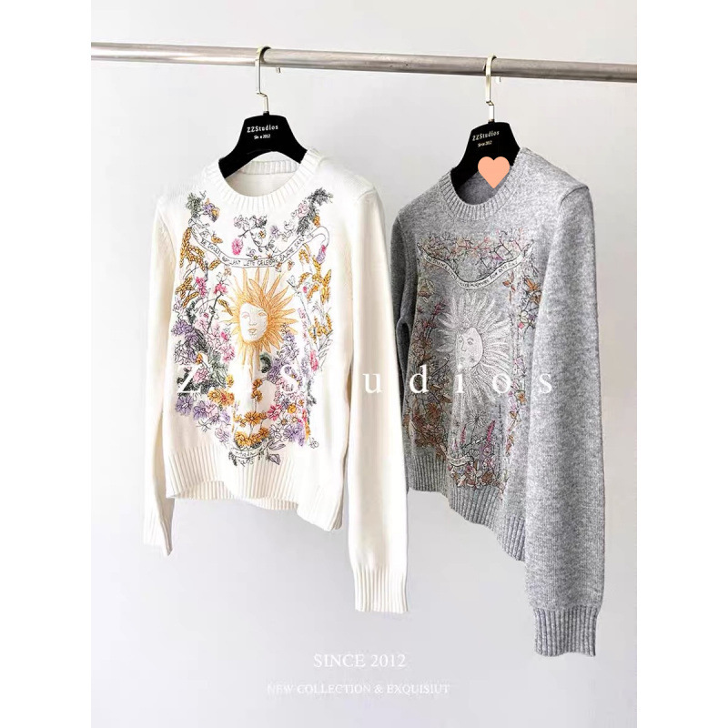 High-End Heavy Industry! Shenzhen Nanyou ~ White Sunflower Embroidered Knitted Top European Wool Sweater for Women in Autumn and Winter