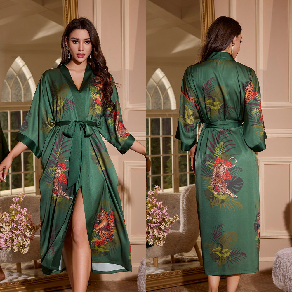 Picture of Yaoting Satin Printed Pajamas for Women Summer Large Size Accessible Luxury Three-Quarter Sleeves Cool Long Nightgown Home Wear Women Wp2669