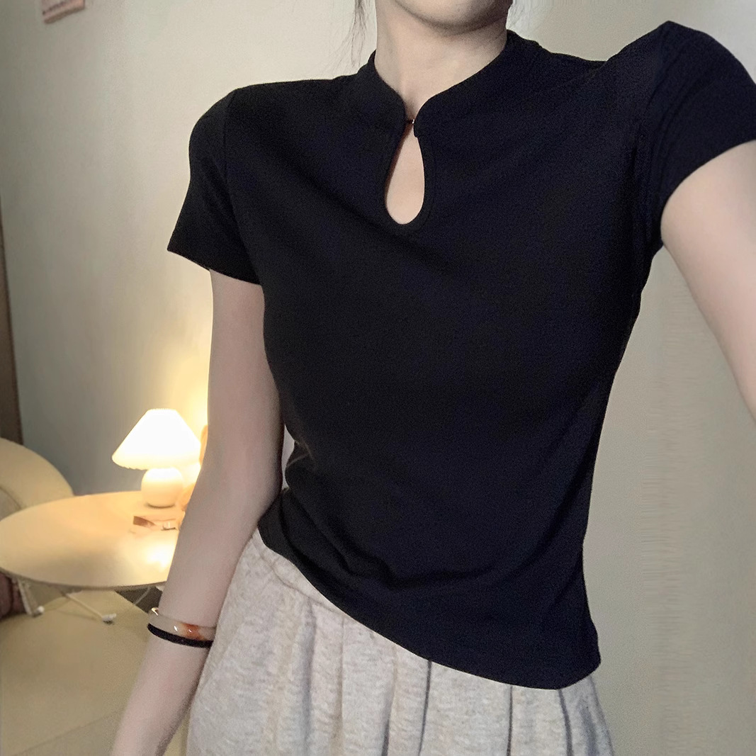 New Chinese Style Retro Stand Collar Short Sleeve T-Shirt for Women, Summer Solid Color Slim Fit Regular Shoulder Stand Collar Slimming Top
