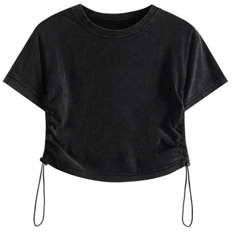 Washed Cotton Retro Old Short-sleeved T-shirt Female Students Summer New European Explosions Short Drawstring Design Sense