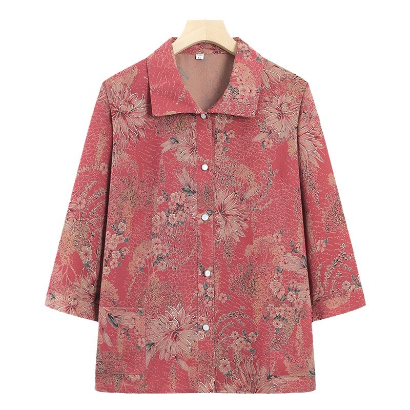 Picture of Grandma's summer mid-sleeve shirt for middle-aged and elderly women's shirt 70-year-old 80 mother lapel shirt for elderly