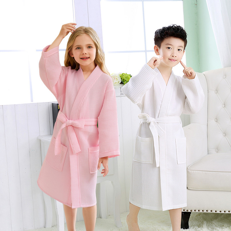 Picture of Spring and summer children's swimming bathrobe waffle big children's bathrobe bath absorbent quick-drying nightgown polyester cotton bath towel kimono collar