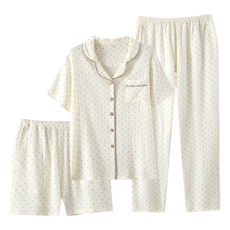 Pajamas women's three-piece summer thin crepe spring and autumn cotton lapel short-sleeved trousers shorts home wear suit