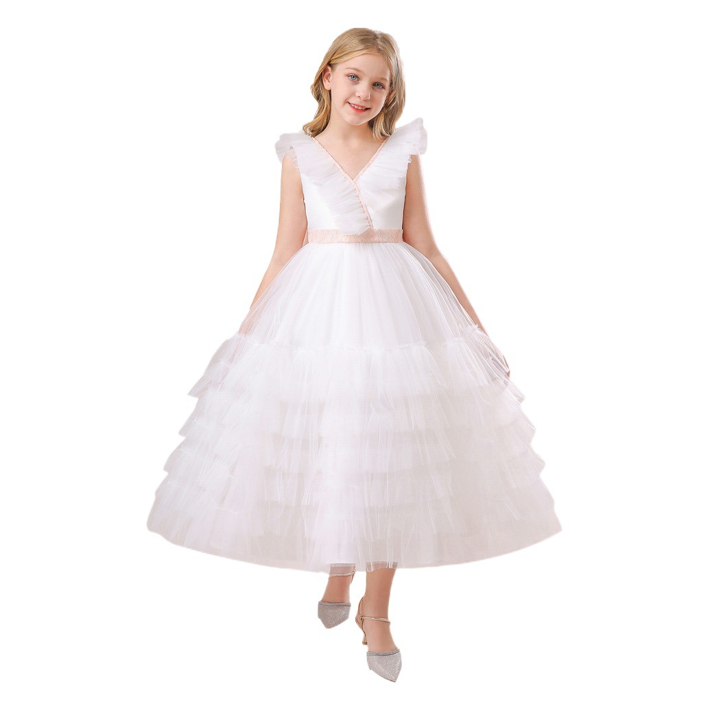 Amazon Children's Dress Puff Mesh Cake Dress Bow V-Neck Princess Dress Host Show Dress