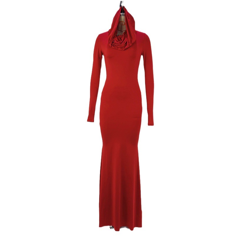European and American Style Women's Clothing 2024 Autum New Fashion Elegant Solid Color Slim Hooded Long-Sleeved Dress Foreign Trade Wholesale