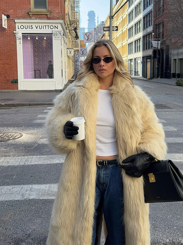 Cross-Border American Style 2025 Winter New Solid Color Long-Sleeve Long Coat Fur Women's Jacket Fashion Casual
