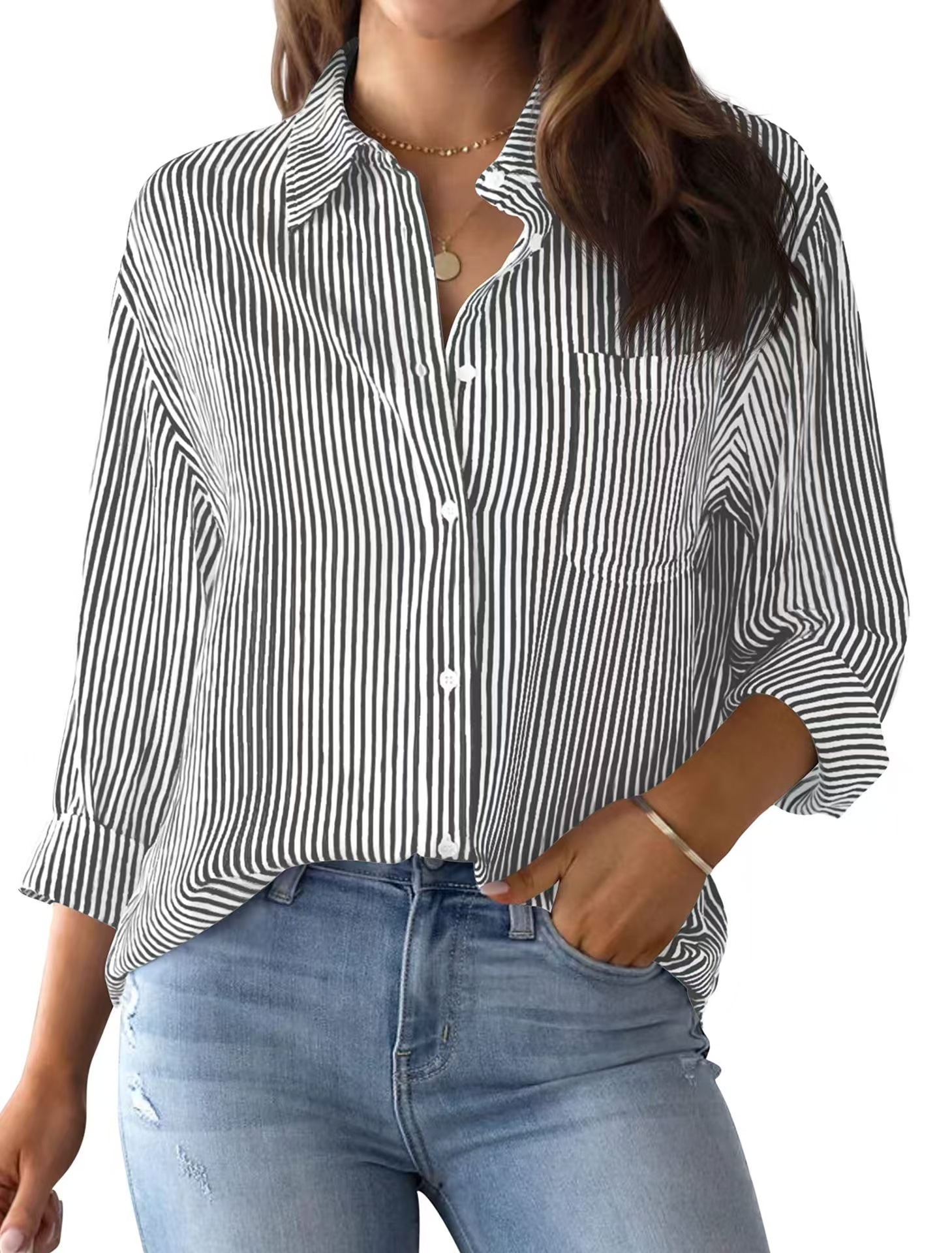 Picture of 2024 Amazon Foreign Trade Cross-border Autumn New Printed Striped Cardigan Top Casual Fashion Long Sleeve Shirt for Women