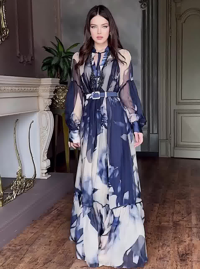 Amazon foreign trade 2024 Europe and the United States summer new printing long sleeve fashion elegant slim women's dress