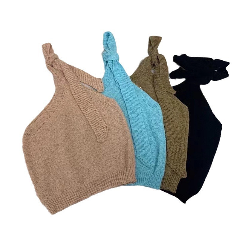 Picture of Sexy Hot Girl Off-Shoulder Halter Vest for Women 2025 Summer Sleeveless Bow Short Backless Top for Outerwear