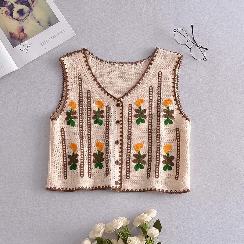Picture of New Korean Style Knitted Vest Women's Vintage Embroidered Crochet Knitted Shirt Waistcoat Vest Sleeveless Jacket Spring and Summer