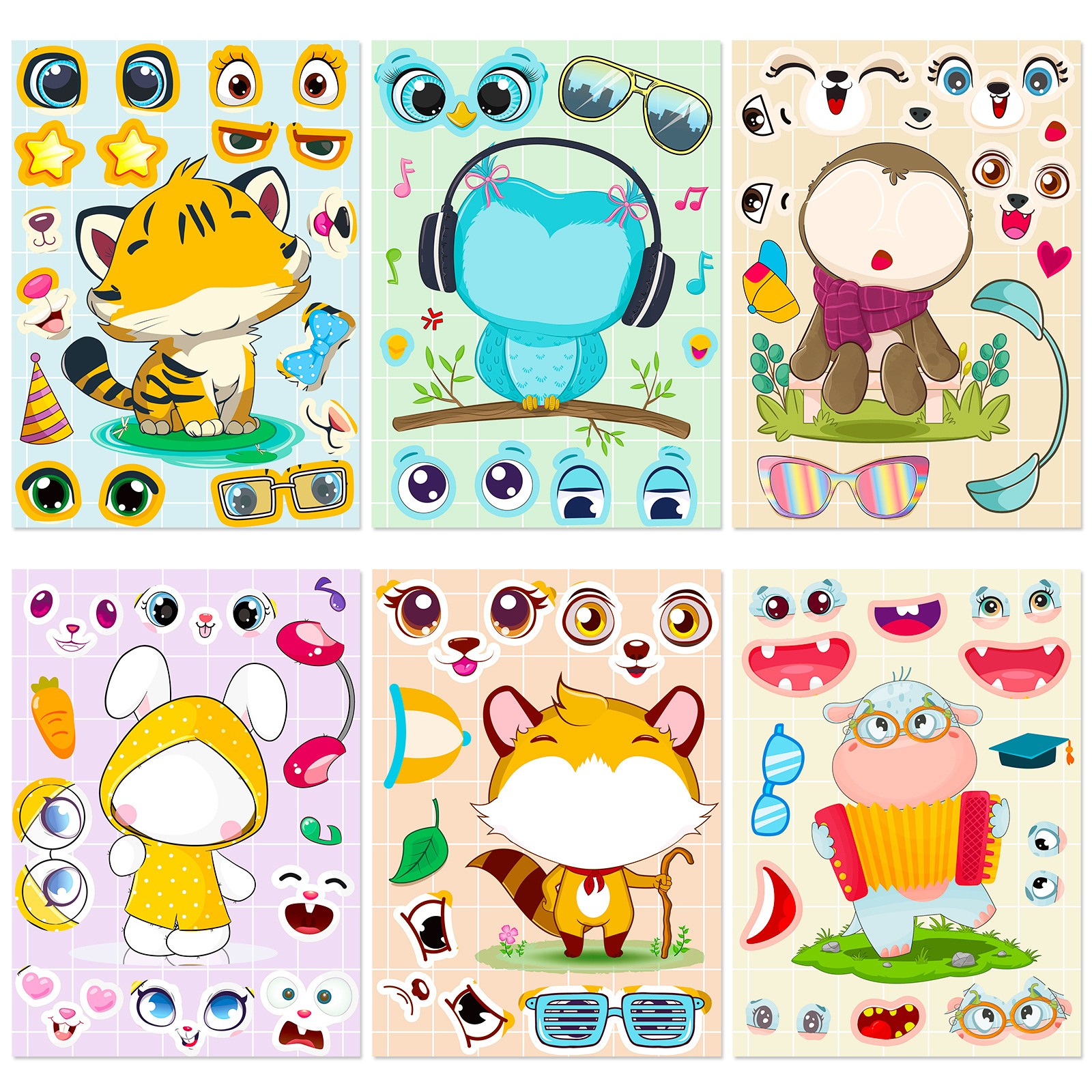 Picture of 6 sheets/pack children's educational toys creative handmade DIY cartoon stickers small animal puzzle stickers children's stickers