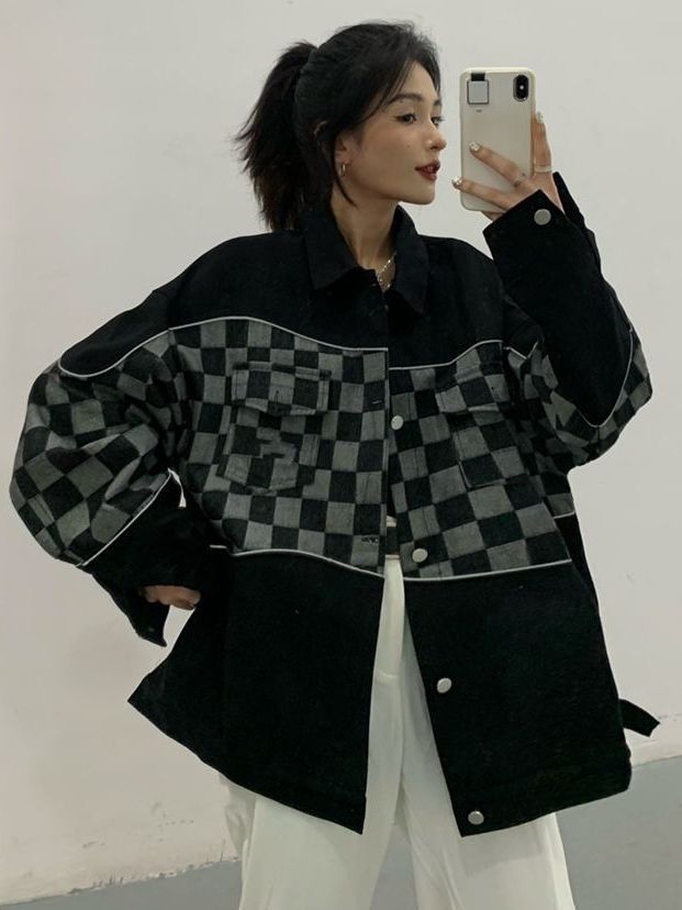 Picture of Checkerboard Stitching Denim Jacket Loose Korean-style Fashionable Autumn and Winter ins High Street All-match Jacket Top for Men and Women Students