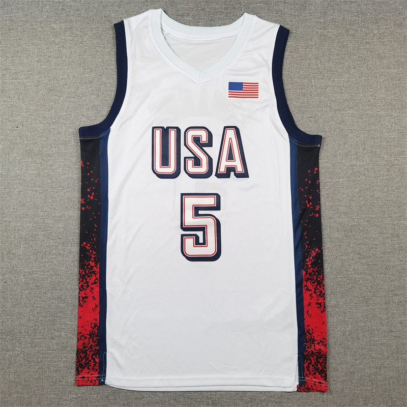 Team USA Embroidered Basketball Suit 5# Edwards White dark blue Jersey Vest American Loose Summer Training