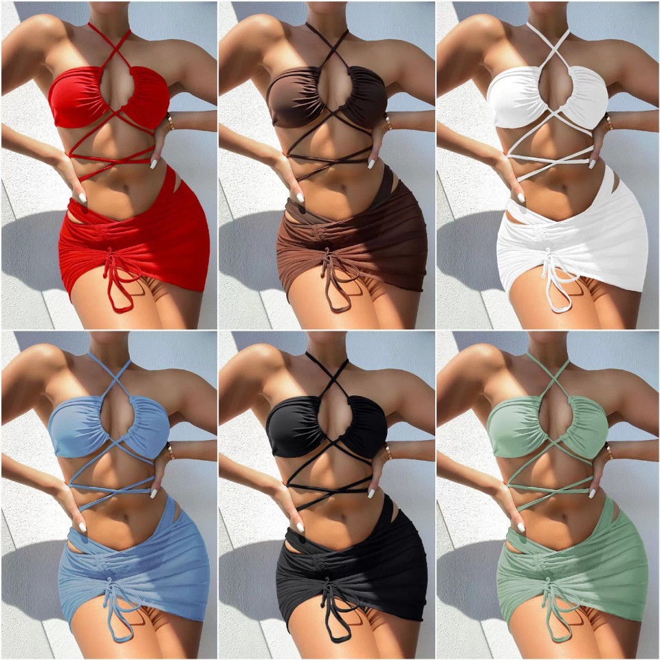 2023 European and American Sexy Female Split Swimsuit Pure Color Sexy Bandage Three-Piece Bikini Lace-Up Swimsuit Bikini