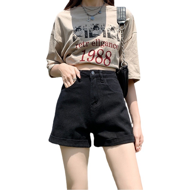 Black Curled Denim Shorts Women's 2023 Summer New High Waist Loose Slimming Spice Girl A- Line Wide Leg Hot Pants