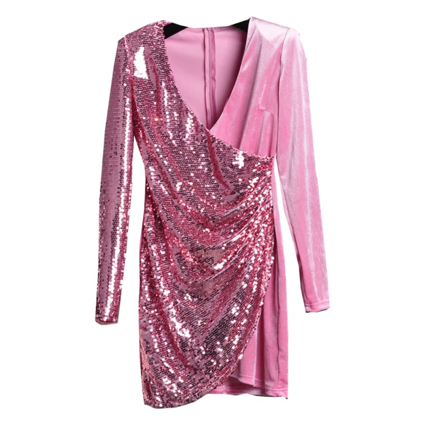 European and American style deep v-neck long sleeve slim sequin stitching dress 2019 autumn and winter New dinner deerskin velvet dress