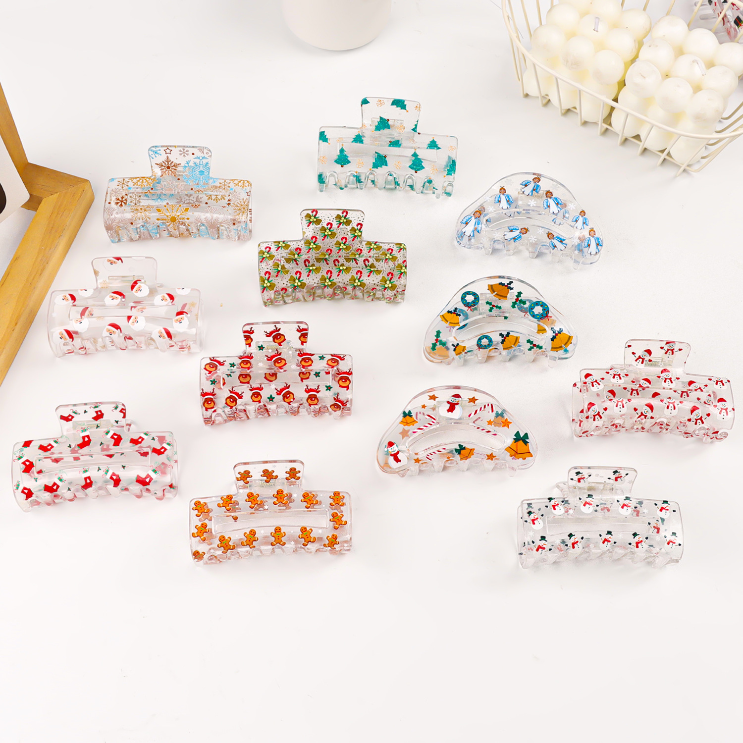 Gores Cross-Border Christmas Transparent Hair Claw Clip with Gingerbread Man and Christmas Tree Pattern, Atmospheric Shark Hair Accessory