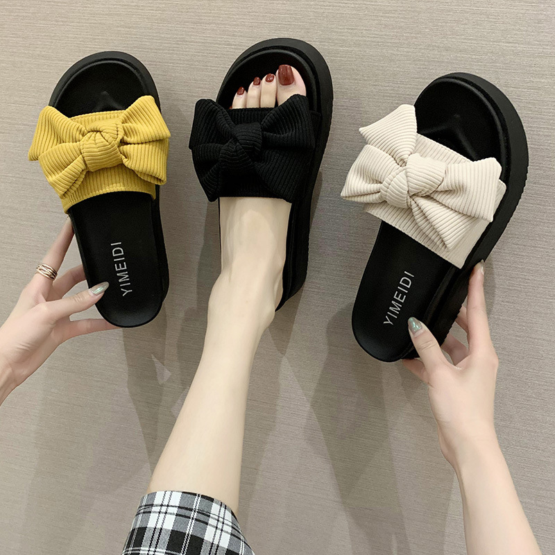 Slippers for Women's Summer Outer Wear Ins Trbottomy Wholesale New Bow Thick-Soled Sponge Cake Slippers Versatile Beach Sandals