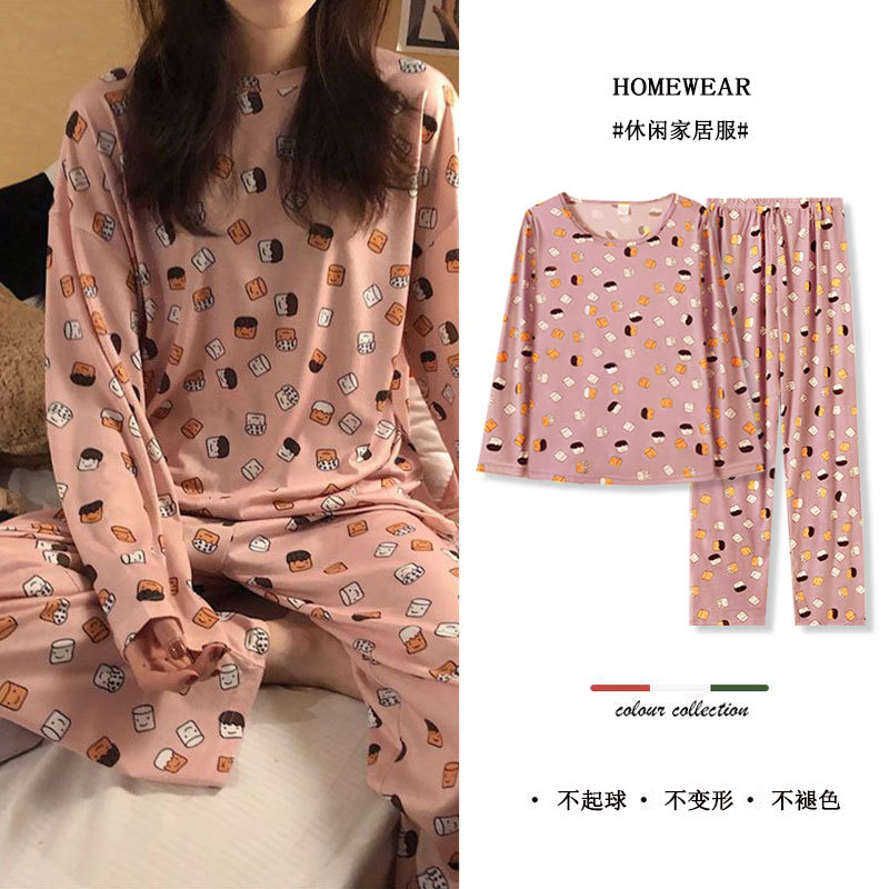 Spring and Autumn Round Neck Pajamas Women's Long Sleeve Pants Cartoon Cute Student Thin Home Clothes Two-Piece Factory Wholesale