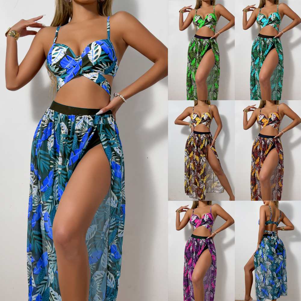 2025 New European and American Cross-border Split Swimsuit Sexy Bikini Mesh Long Dress Three-piece Swimsuit Women Bikini