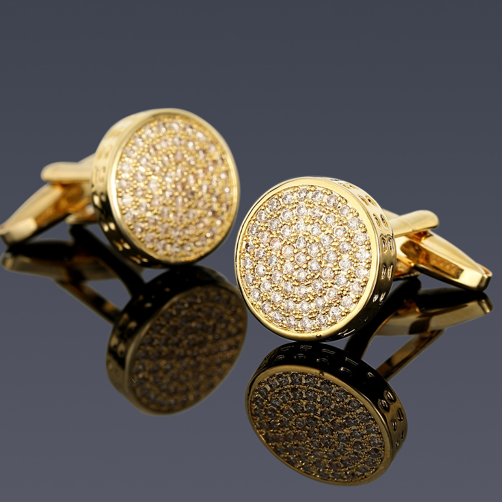 European and American Golden Retro White Crystal Round Diamond Cufflinks Men's Light Luxury French Shirt Women's Cufflink Accessories