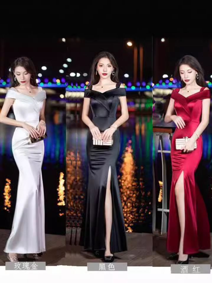 Night evening dress 24 years new nightclub slim dress off shoulder sexy slim long hip fishtail catwalk