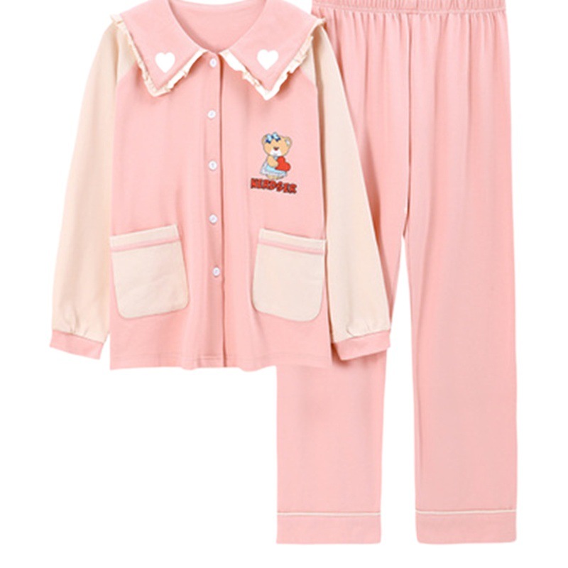 Cardigan Lapel Pajamas Women's Autumn and Winter Long Sleeve with Chest Pad Spring Young Girl Cartoon Animation Cute Home Clothes suit
