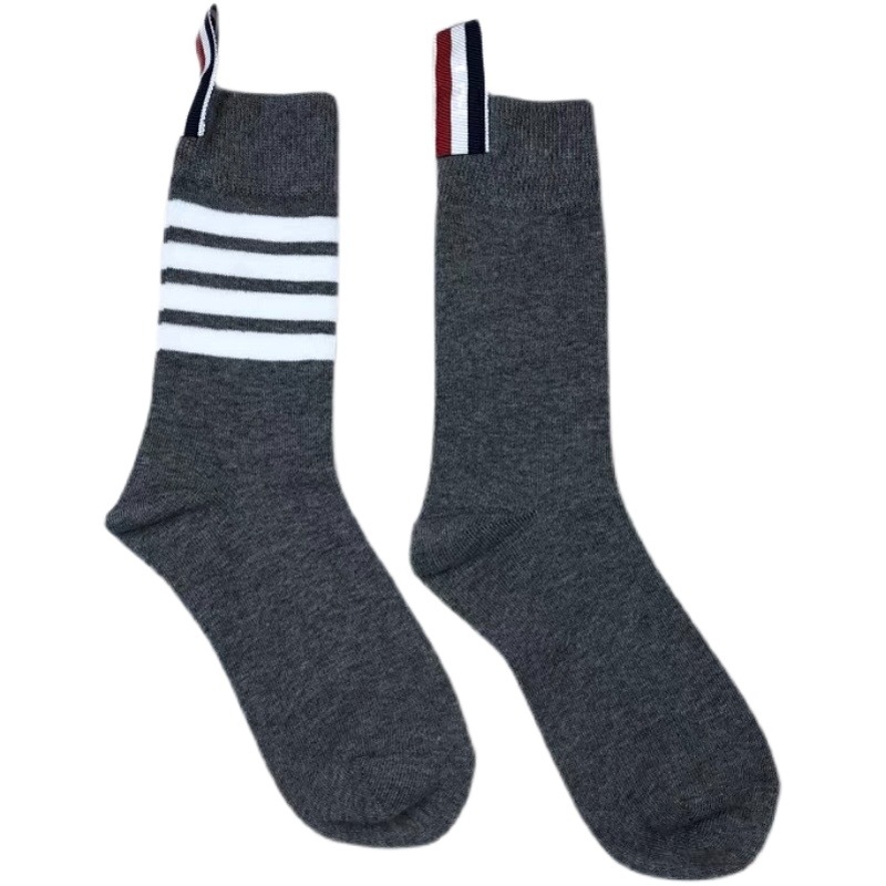 Fashionable Brand Tb Socks for Men and Women Spring and Summer Jk Popular Ins Trendy Mid-Length Gray Four-Bar Stripesd Cotton Calf Socks
