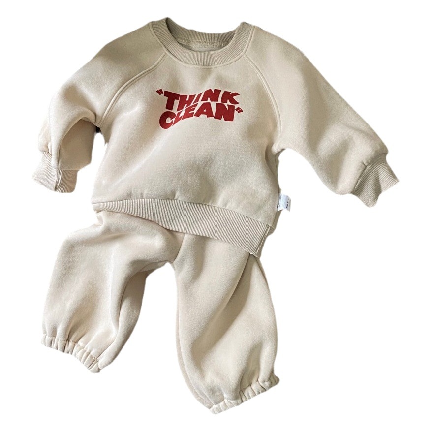 Baby Baby autumn and winter fashion letters fleece-lined sweater butt pants suit boys and girls baby sportswear