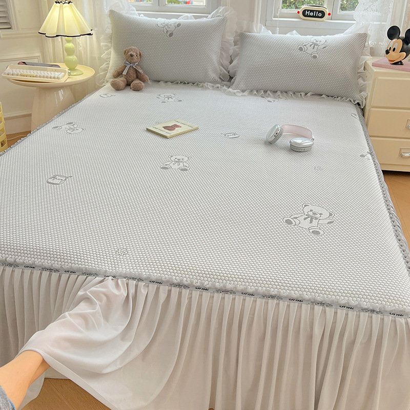 2025 New Class A Cool Ice Bean Cold Mat Bed Skirt Ice Silk Mat Washable Soft Mat Three-Piece Set Air-Conditioned Mat