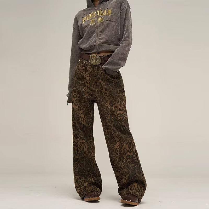 American Retro Leopard Print Jeans Women's Autumn Design Sense Niche Heavy Industry Hip Hop Pants Loose Wide Leg Pants