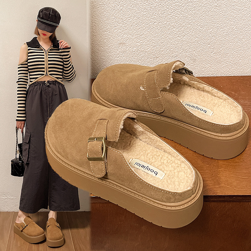 Thick-Soled Retro Birkenstock Shoes for Women 2025 Autumn and Winter New Furry Slippers for Women to Wear Cotton Slippers Fleece-Lined Toe Half Slippers