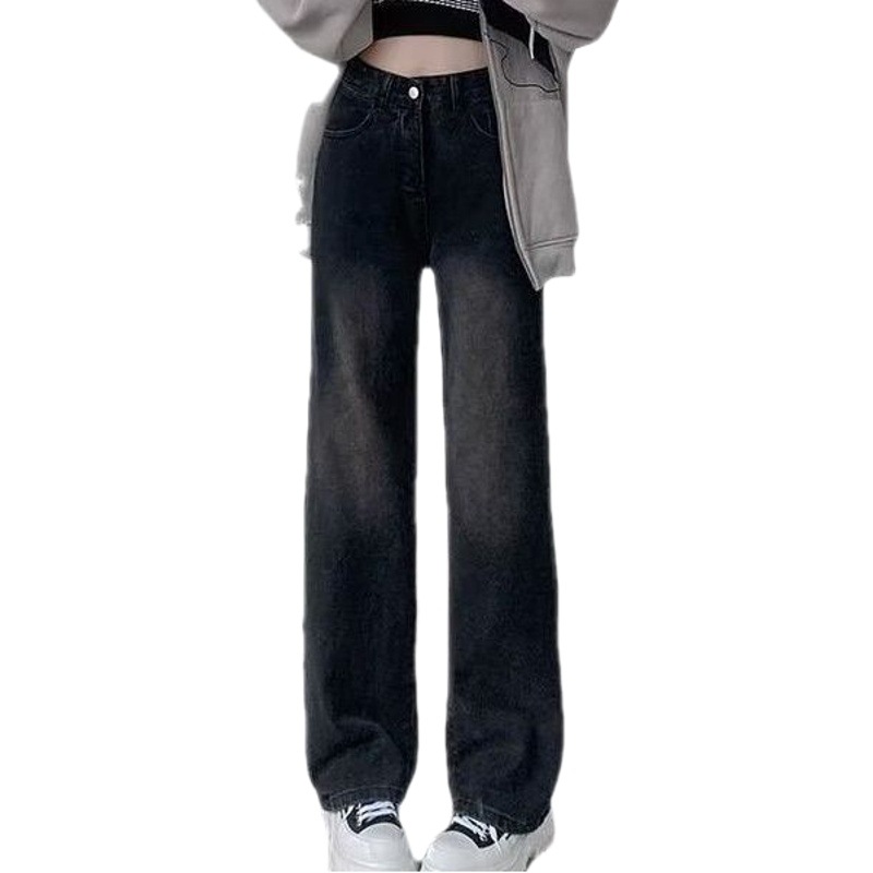 Spring and Autumn American retro black jeans high waist slimming draping wide leg pants straight loose mop pants all-matching