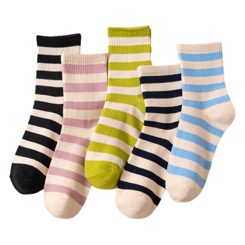 Colorful Striped Socks Women's Autumn Four Seasons Mid-Autumn Socks Ins Trendy Black Japanese Style South Korea Simple Sporty Style Stockings