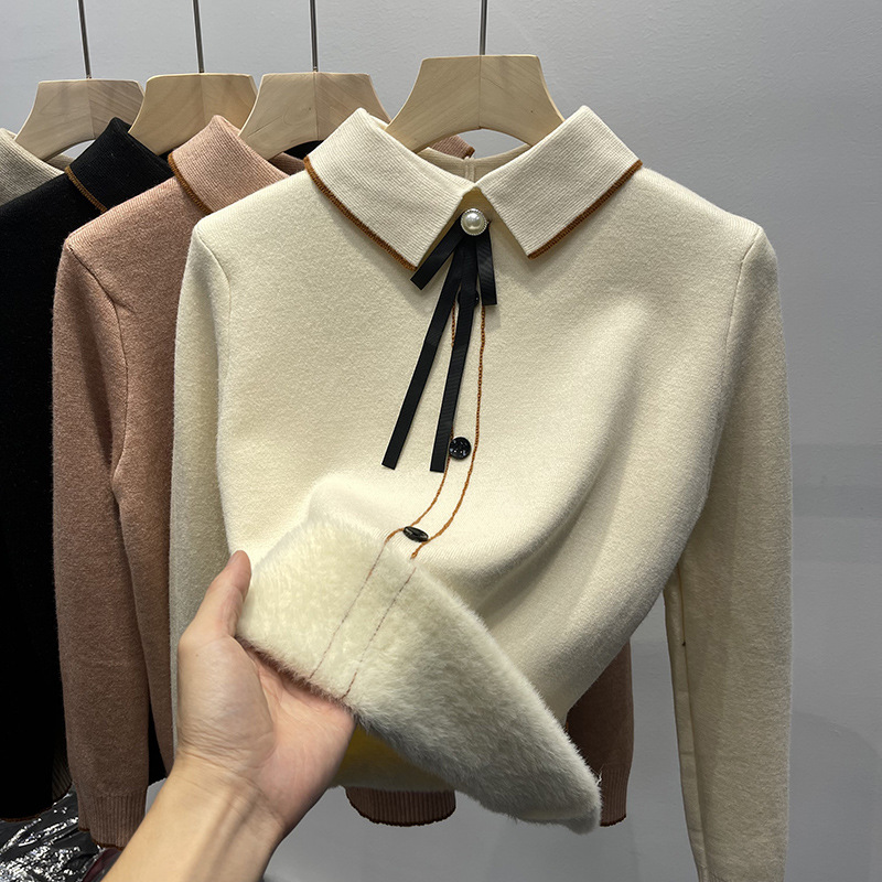 2022 autumn and winter fleece-lined one-piece velvet sweater doll collar western style top women's thickened warm long sleeve base shirt
