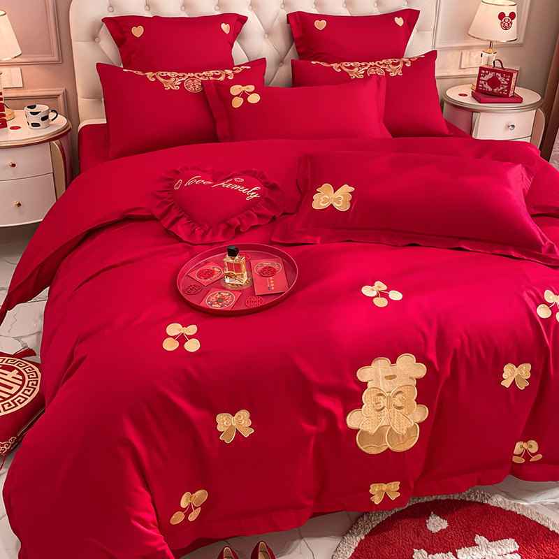 Picture of High-end Chinese Dragon and Phoenix Embroidery Fashion Wedding Four-piece Wedding Big Red Bed Sheet Quilt Cover Accompanying Bedding
