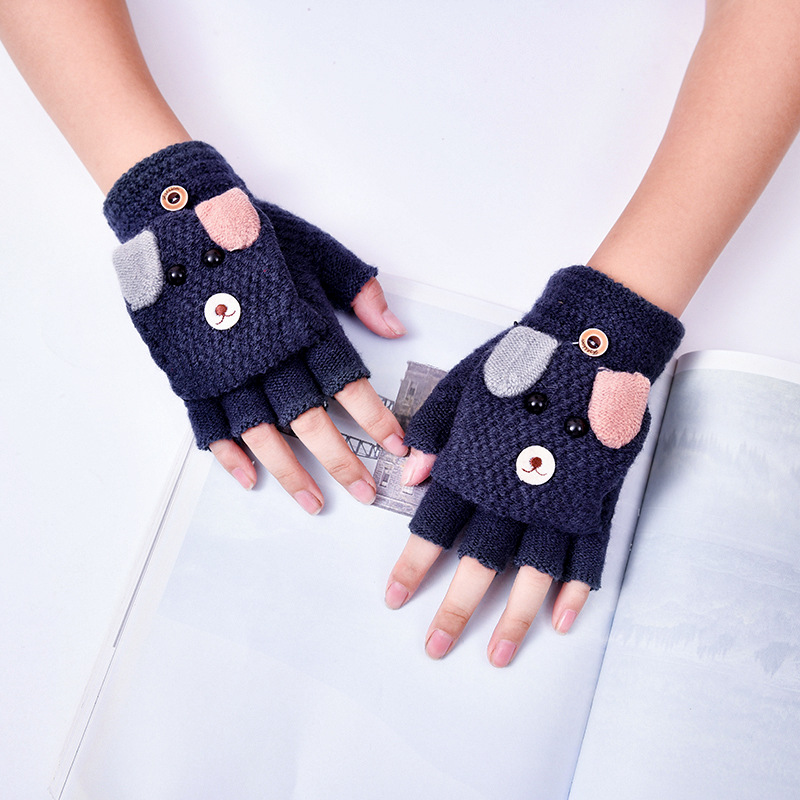 Picture of Children's flip gloves autumn and winter boys half finger warm cute Primary School students writing knitted dual-purpose gloves wholesale