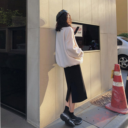 Picture of Black Skirt Women's Spring and Autumn Slimming Split Mid-length Large Size Chubby Girl High Waist A- Line Step Skirt Summer Fashion