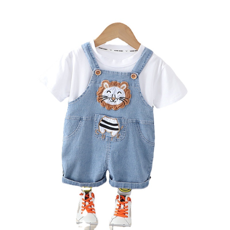 Picture of Children's Korean-style summer suit Boy's cartoon lion short-sleeved girl's baby Denim suspender pants one-piece delivery