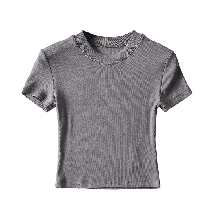 Picture of YPFF new summer color slim-fit short-sleeved round neck bag chest T-shirt sports fitness solid color short navel top