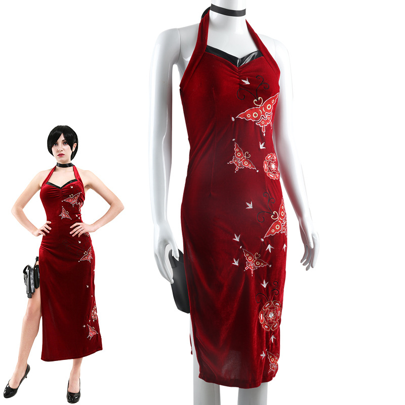 Residual Evil Ada King cos Dress Split Cheongsam Sexy Strap Agent cosplay Costume Embroidered Dress