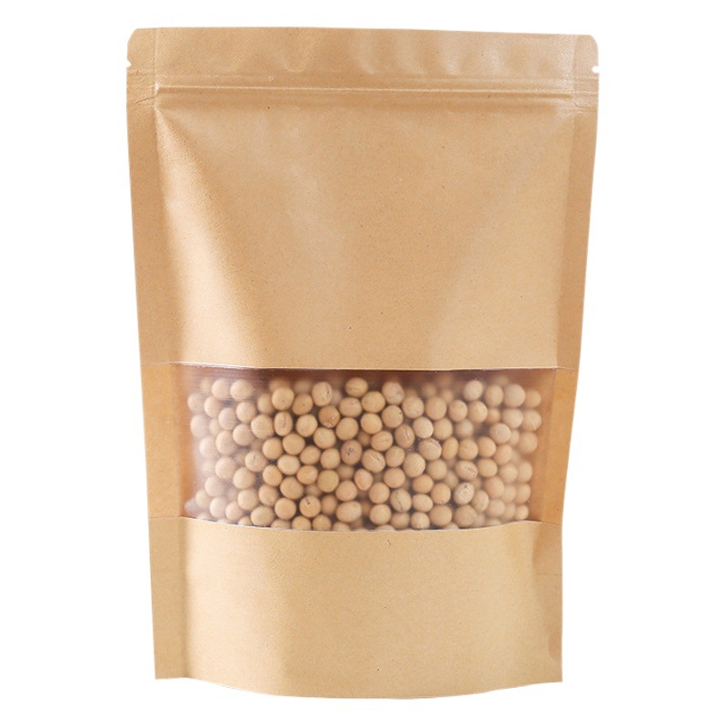 Window Kraft Paper Self-sealing Bag Self-supporting Zipper Tea Nut Food Packaging Bag Frosted Window Kraft Paper Bag